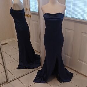 Crystal Doll Navy Strapless Gown With Long Front/Side Slit